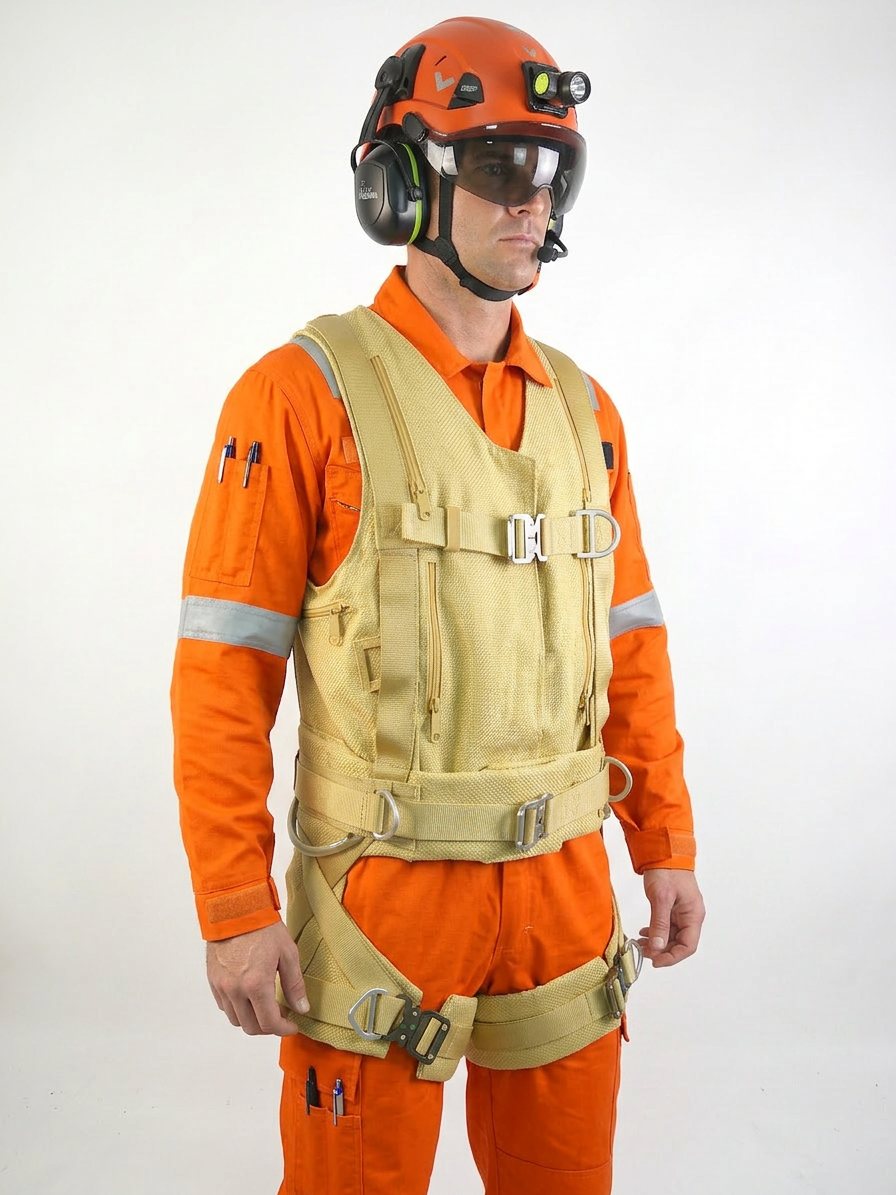 Kevlar Rescue Vest Harness constructed from full Kevlar webbing, fabric, and thread for extreme heat resistance.