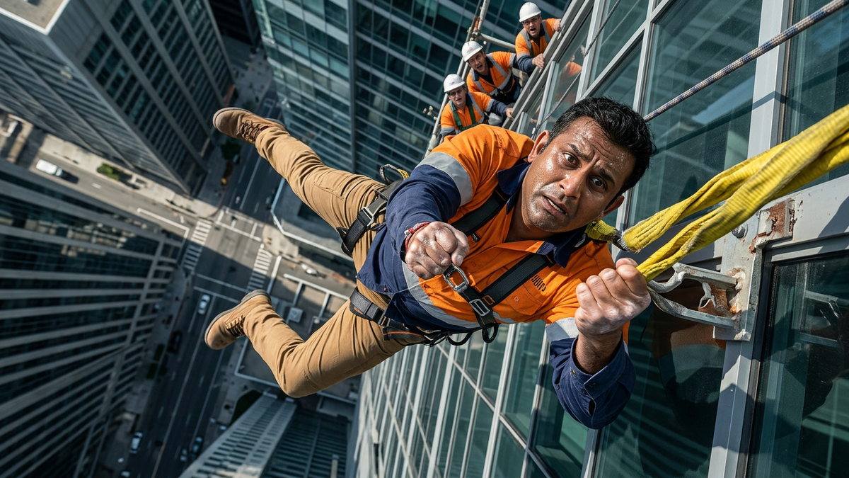 Worker hanging from safety harness on a high rise building in a panic to survive