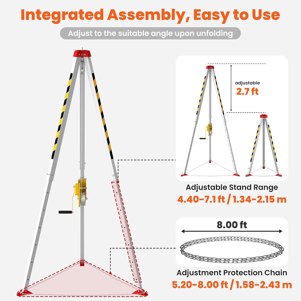 3000lbs Confined Space Tripod Kit, 3000 Lbs. Winch, Adjustable 7' Legs & 98' Cable, Steel Confined Space Rescue Tripod with 33' Fall Protection/Harness/8' Protection Chain for Confined Spaces Safety