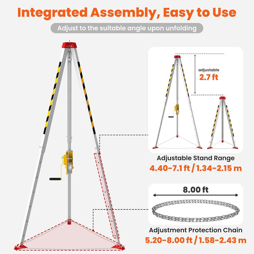 3000lbs Confined Space Tripod Kit, 3000 Lbs. Winch, Adjustable 7' Legs & 98' Cable, Steel Confined Space Rescue Tripod with 33' Fall Protection/Harness/8' Protection Chain for Confined Spaces Safety