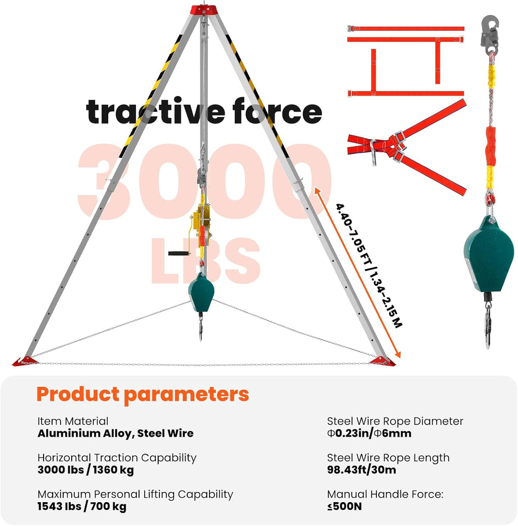 3000lbs Confined Space Tripod Kit, 3000 Lbs. Winch, Adjustable 7' Legs & 98' Cable, Steel Confined Space Rescue Tripod with 33' Fall Protection/Harness/8' Protection Chain for Confined Spaces Safety