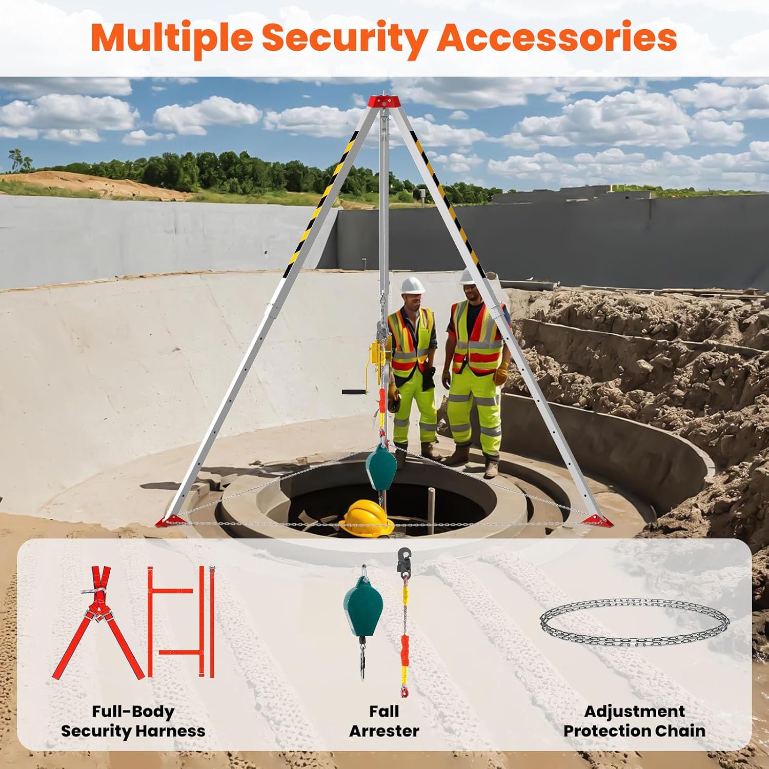 3000lbs Confined Space Tripod Kit, 3000 Lbs. Winch, Adjustable 7' Legs & 98' Cable, Steel Confined Space Rescue Tripod with 33' Fall Protection/Harness/8' Protection Chain for Confined Spaces Safety