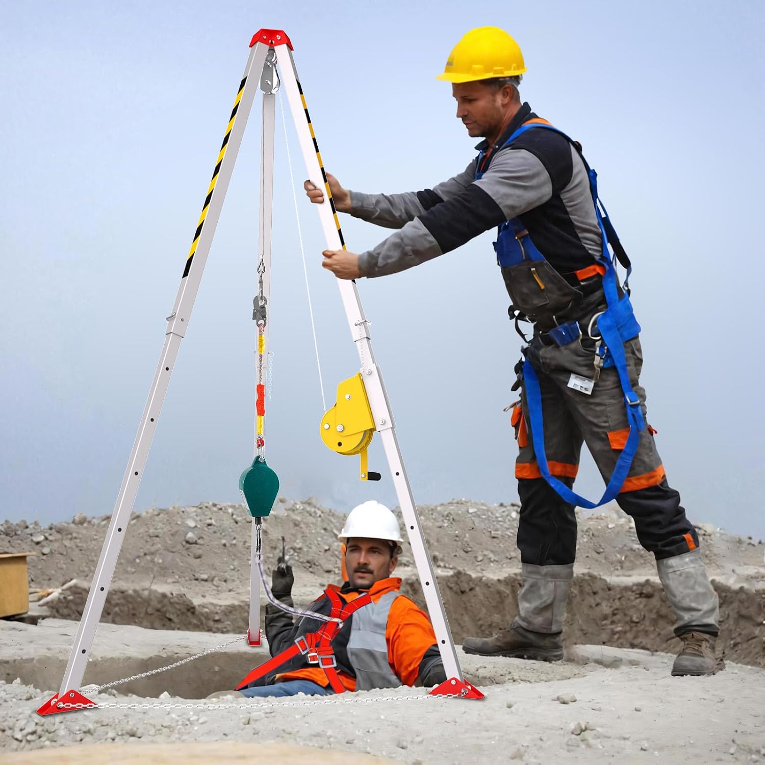 3000lbs Confined Space Tripod Kit, 3000 Lbs. Winch, Adjustable 7' Legs & 98' Cable, Steel Confined Space Rescue Tripod with 33' Fall Protection/Harness/8' Protection Chain for Confined Spaces Safety