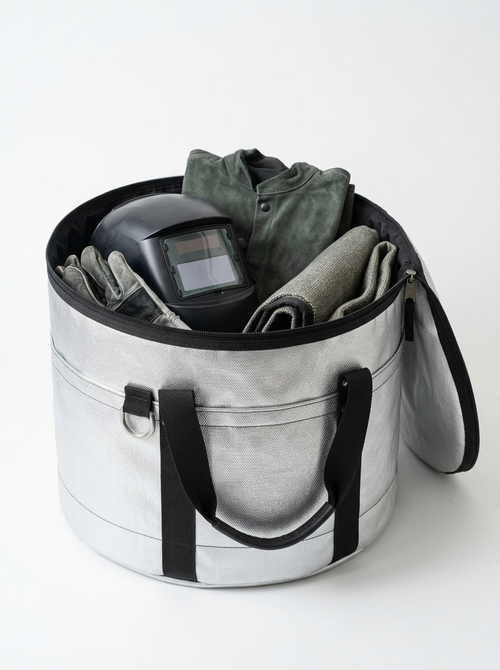 Aluminized Kevlar silver cylindrical storage bag with black handles and trim, shown open and filled with welding gear including a welding helmet, gloves, and fabric-covered tools, on a clean white background.