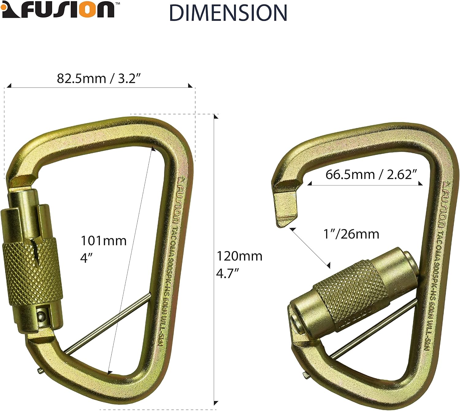 60 KN Fusion Tacoma D Shaped Triple Lock Alloy Steel Carabiner