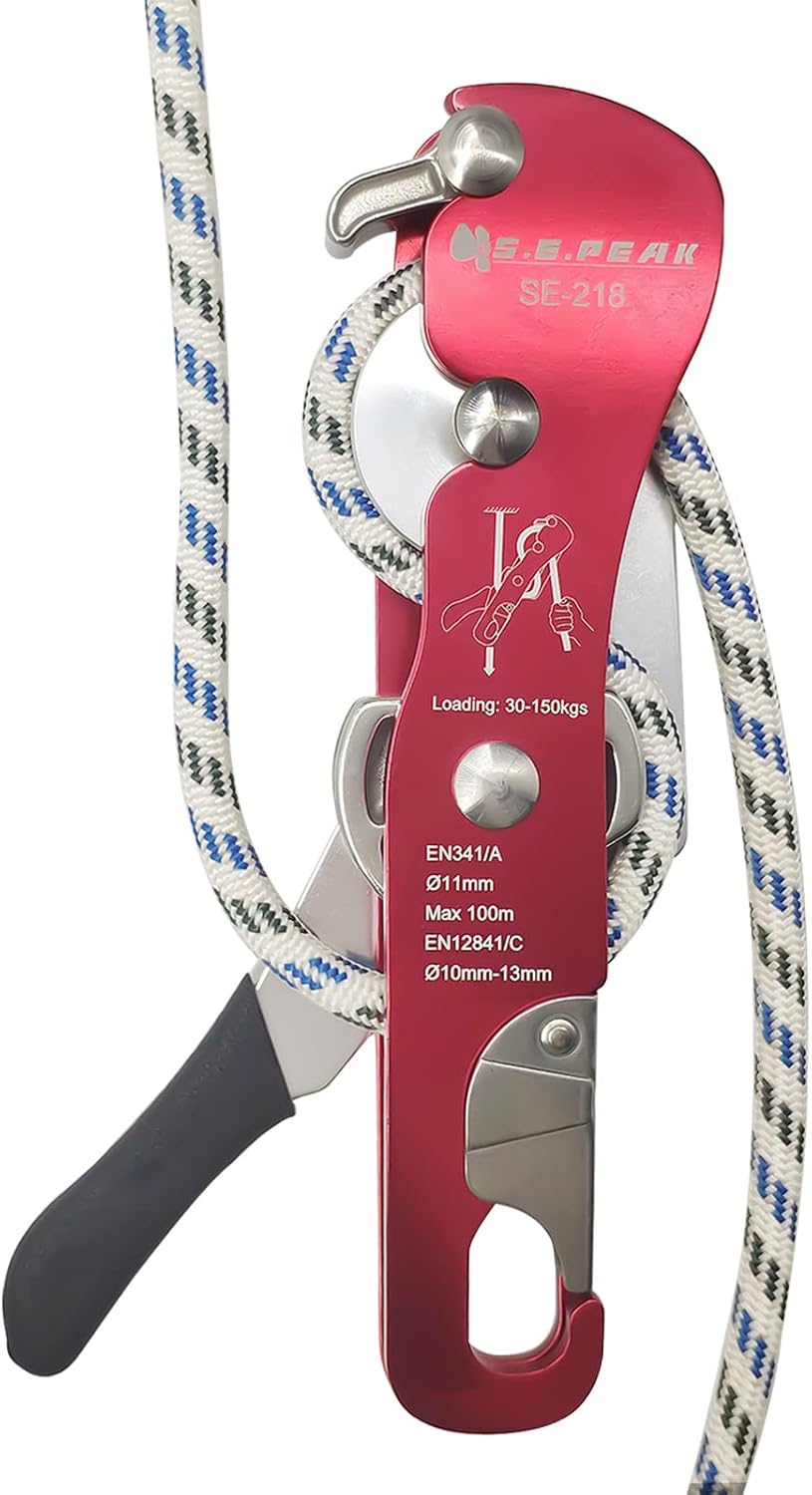 CE Certified Climbing Double Stop Descender Self-Braking Self-Locking Rappelling Belay Devices for 10-12.5mm Rope for Rescue & Arborist, Hand Control