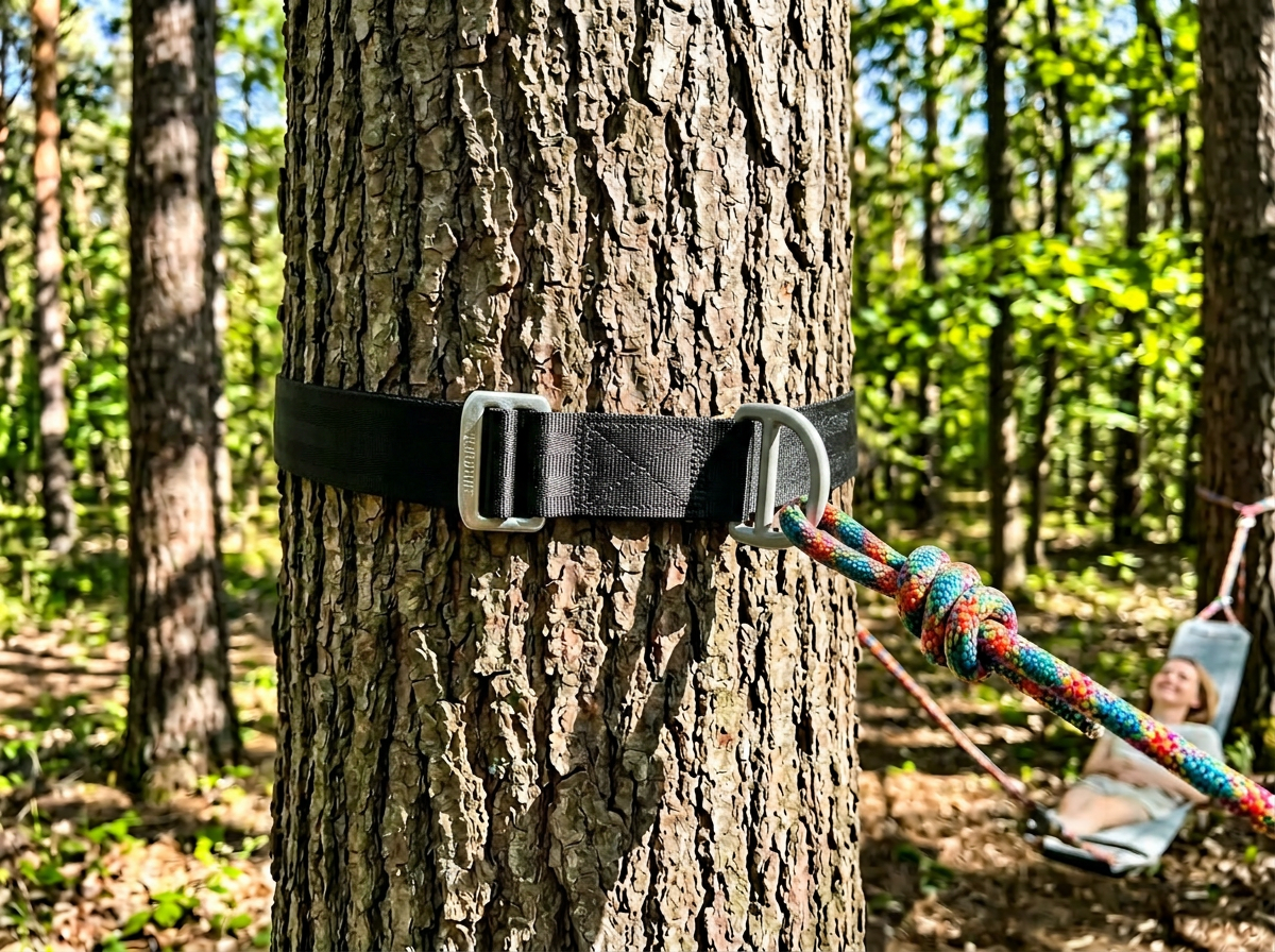 Adjustable 7,000 lb. Rigging Strap with Steel D‑Ring — Tree‑Safe Anchor for Swings, Slacklines & Rigging (5 ft & 8 ft)