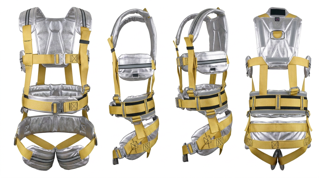 Four views of a reflective Kevlar safety harness vest in silver and yellow, shown on a plain white background.