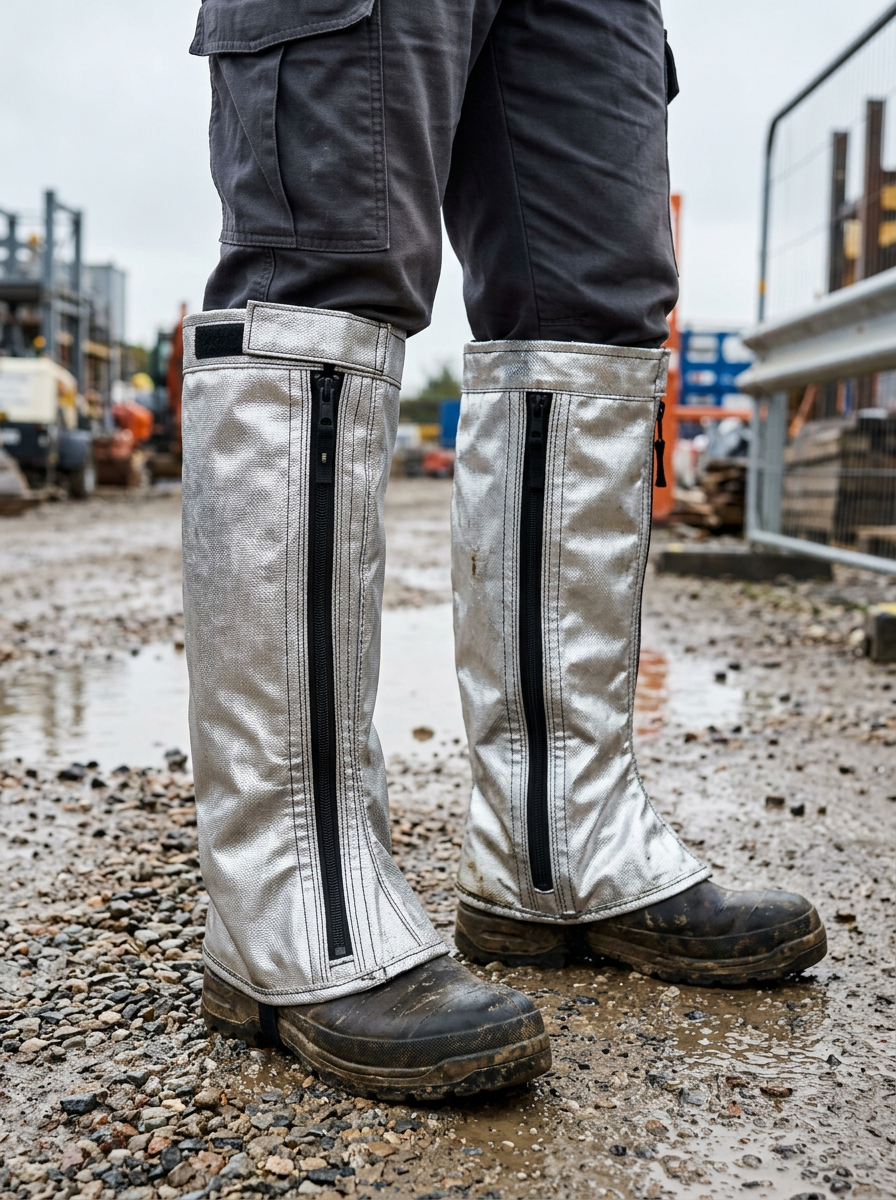 A person standing on a muddy construction site wearing tall silver metal leg guards with black zipper closures over dark work pants and black boots.