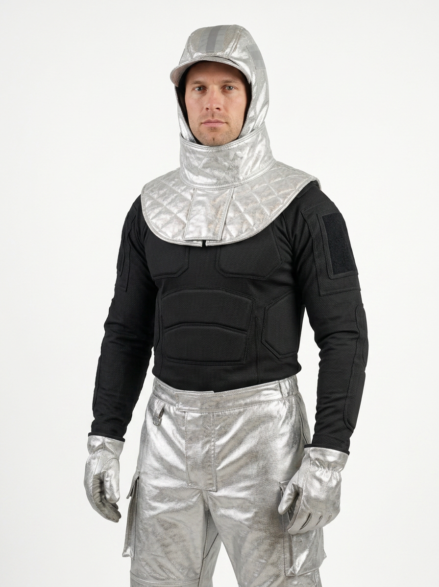 A man wearing Aluminized silver and black bodysuit costume with a hood, quilted collar, padded chest, matching gloves, and metallic pants, photographed against a plain light gray studio background.