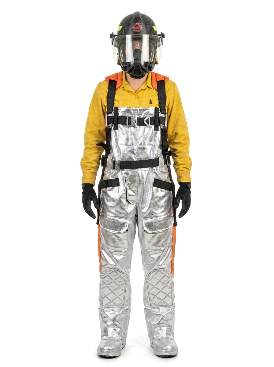A full-body view of a firefighter wearing a silver Aluminized Kevlar overall safety harness over a yellow shirt, with black gloves, a black helmet, and a face shield, photographed against a plain white background.