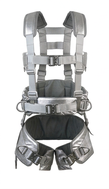 A silver metallic body harness with padded shoulder straps, multiple adjustable buckled straps, and D-rings, shown against a plain white background.