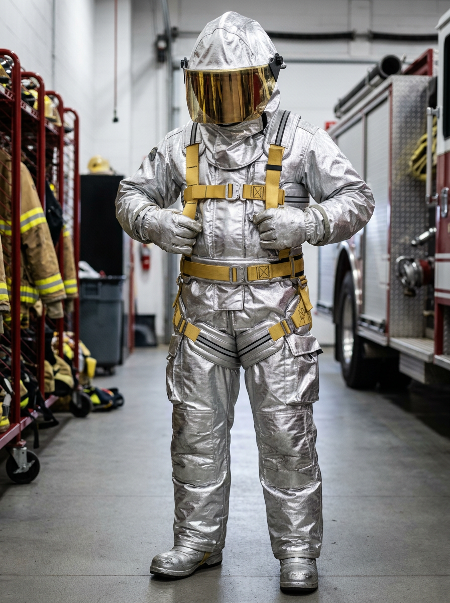 A firefighter in a full-body metallic silver protective suit with a reflective gold visor and yellow Kevlar harness straps stands in a fire station hallway, with emergency gear racks and a fire truck visible in the background.