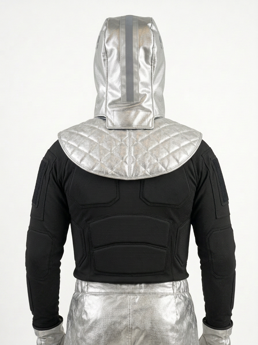 A person shown from the back wearing a black and silver Aluminized hood and neck collar photographed against a plain light background.