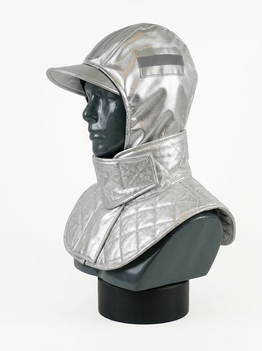 A silver metallic protective hooded garment displayed on a black mannequin bust against a plain white studio background.