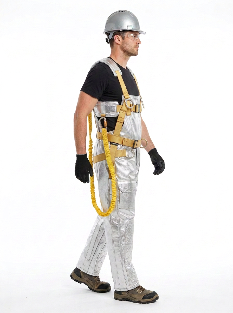 A man wearing a silver reflective safety harness overalls with tan straps, a silver hard hat, black gloves, and brown work boots, shown in profile against a white studio background.