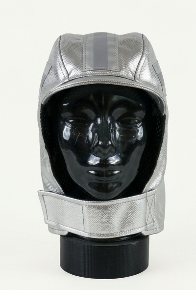 Aluminized silver Kevlar protective hood displayed on a glossy black mannequin head and stand against a plain white background.