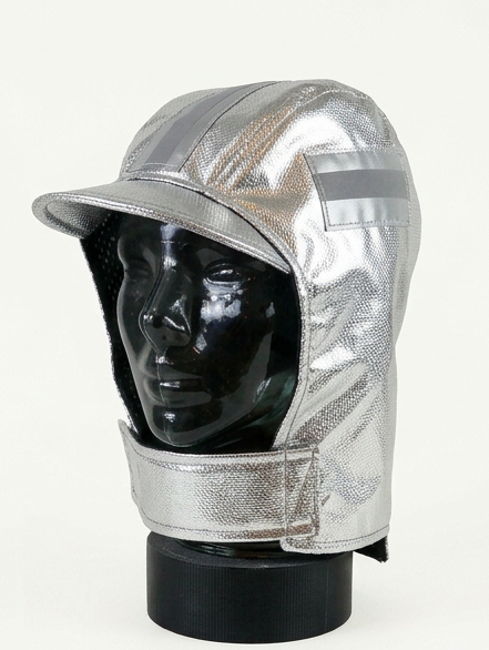 A metallic silver reflective safety hood with a visor and chin strap, displayed on a black mannequin head against a light gray background.