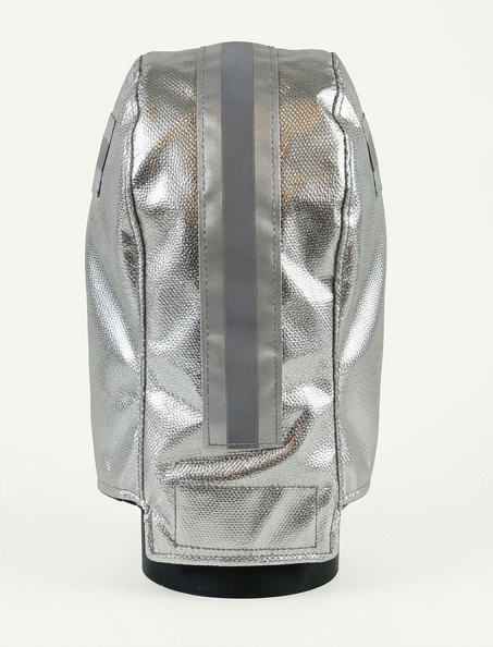 Aluminized Kevlar protective hood with a vertical reflective stripe, displayed on a black stand against a plain white background.