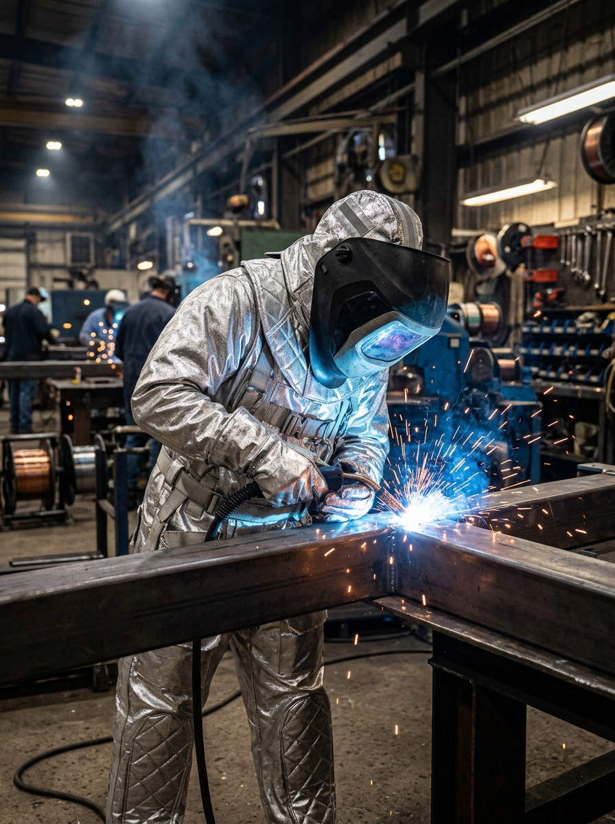 A welder in a silver protective suit and black welding helmet generates bright blue light and sparks while working on a steel beam inside a factory.