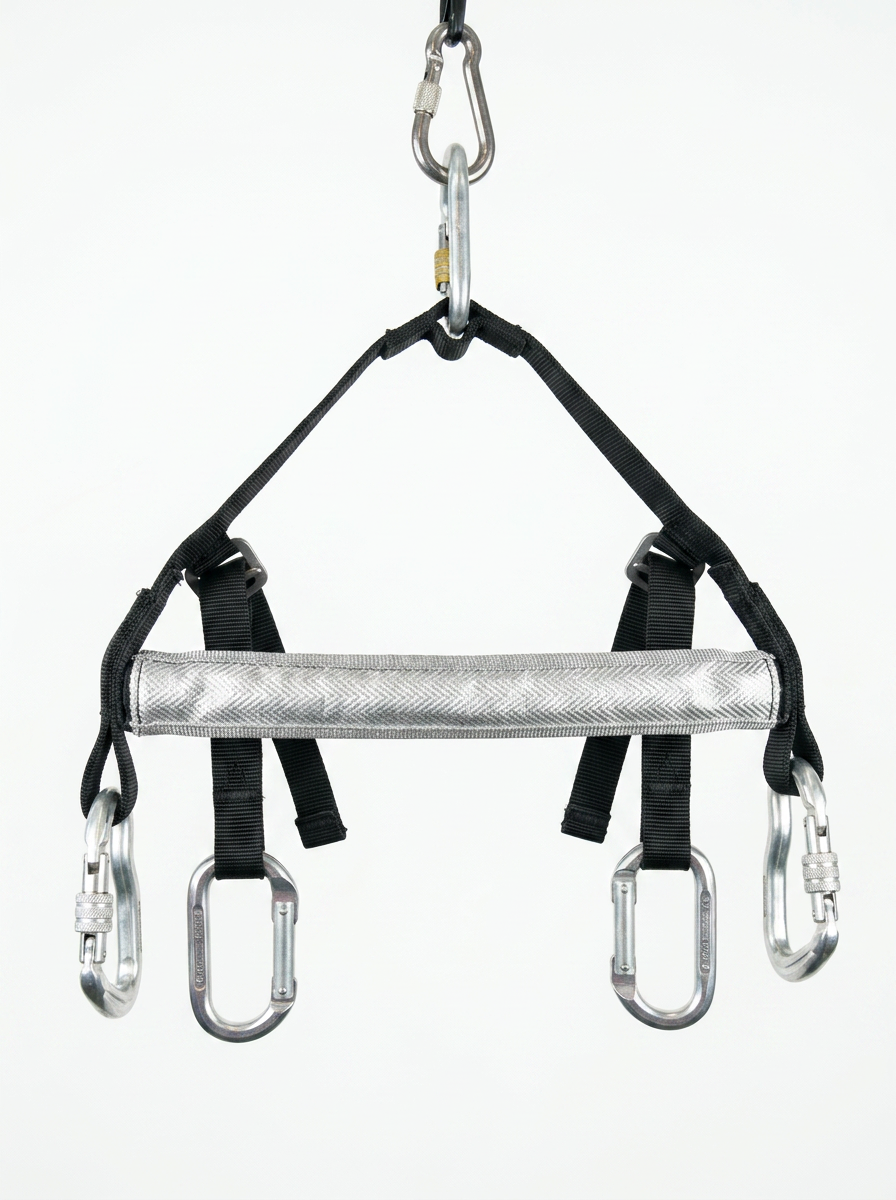 A spreader bar for safety harnesses with silver horizontal bar, black webbing straps, and multiple silver metal carabiners, suspended against a white background.