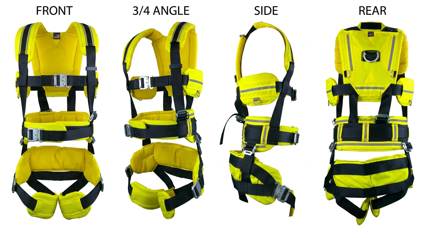Arborist Load‑Bearing Harness with X- style Load Bearing Body Harness with Fall Protection & Spreader bar for Rappelling Spreader Bar & Adjustable tool lanyard.