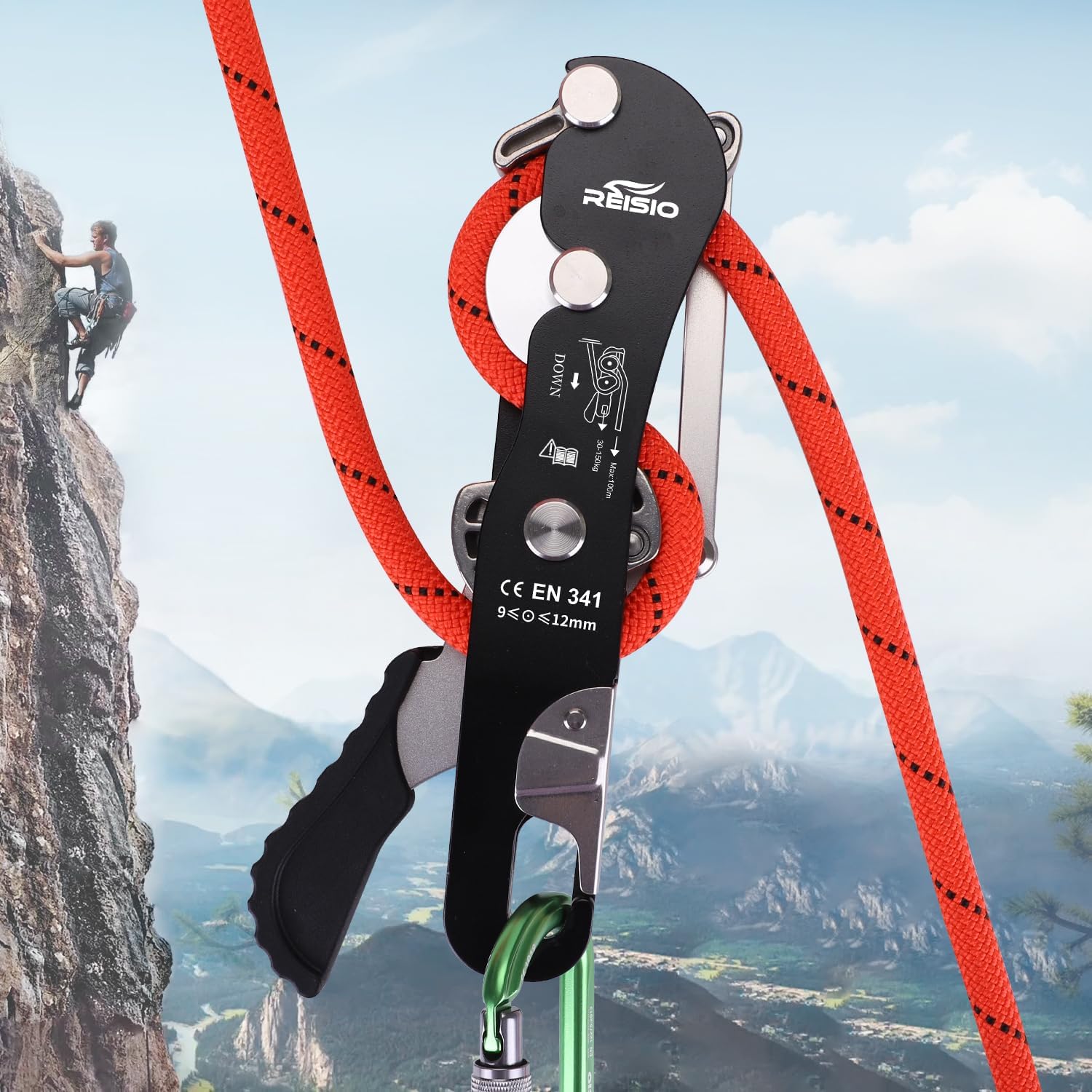 CE Certified Climbing Double Stop Descender Self-Braking Self-Locking Rappelling Belay Devices for 10-12.5mm Rope for Rescue & Arborist, Hand Control