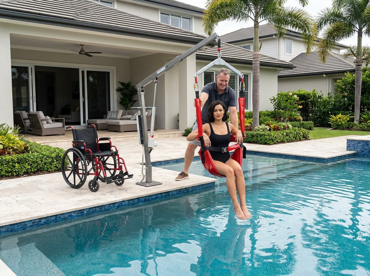 ComfortLift™ Pool Access Swing Seat — Wide 36" PVC‑Reinforced Sling with 5‑Point Support & Foam‑Stabilized Base