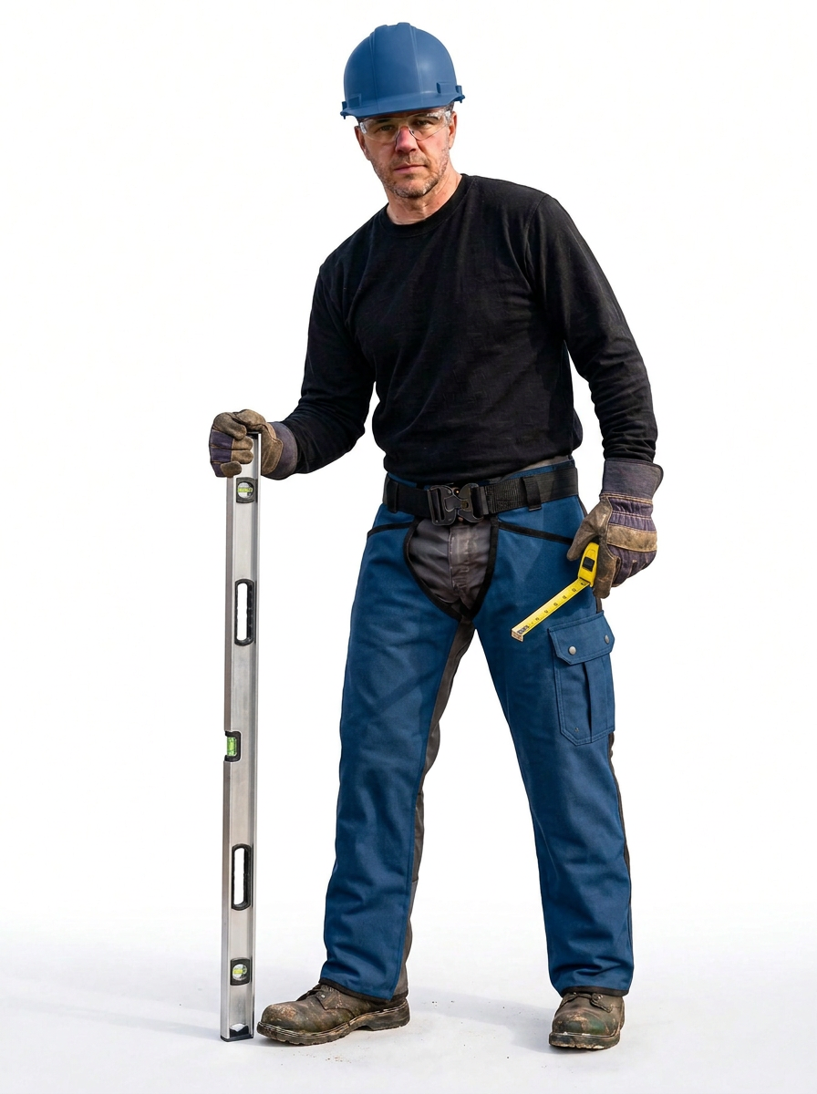 A man wearing a blue hard hat, black long-sleeve shirt, blue work chaps, and work gloves hold a silver spirit level and a yellow tape measure against a plain white studio background.