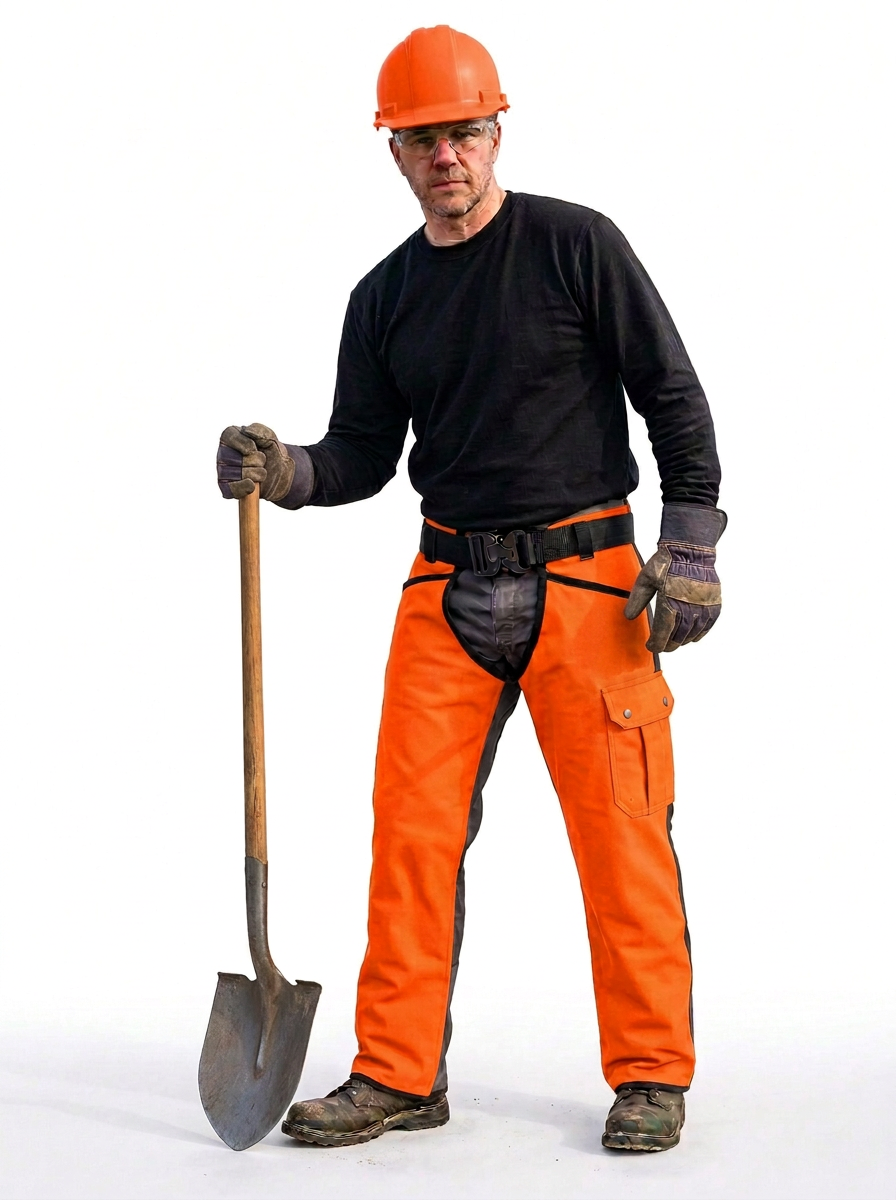A man wearing a bright orange hard hat, safety glasses, a black long-sleeve shirt, and orange work chaps on a white studio background while holding a shovel.