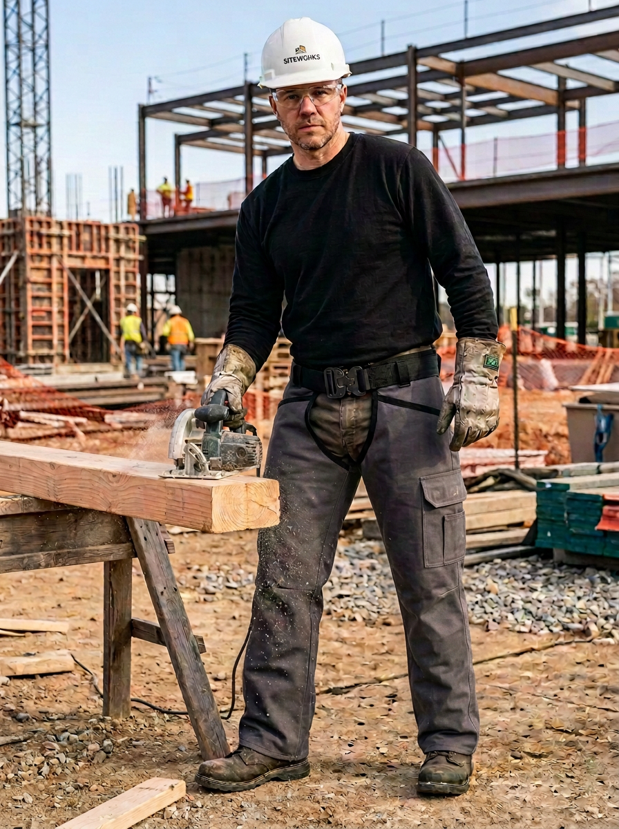 A construction worker wearing a white hard hat, black long-sleeve shirt, dark gray work chaps and work gloves operates a circular saw on a wooden beam at a construction site.