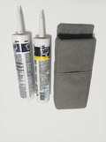 Two tubes of DAP caulk and a gray caulking gun on a white background