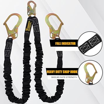 Double Leg Internal Shock Absorbing Fall Lanyards for Protection Climbing Tree Strap 6 FT with Rebar & Snap Hook