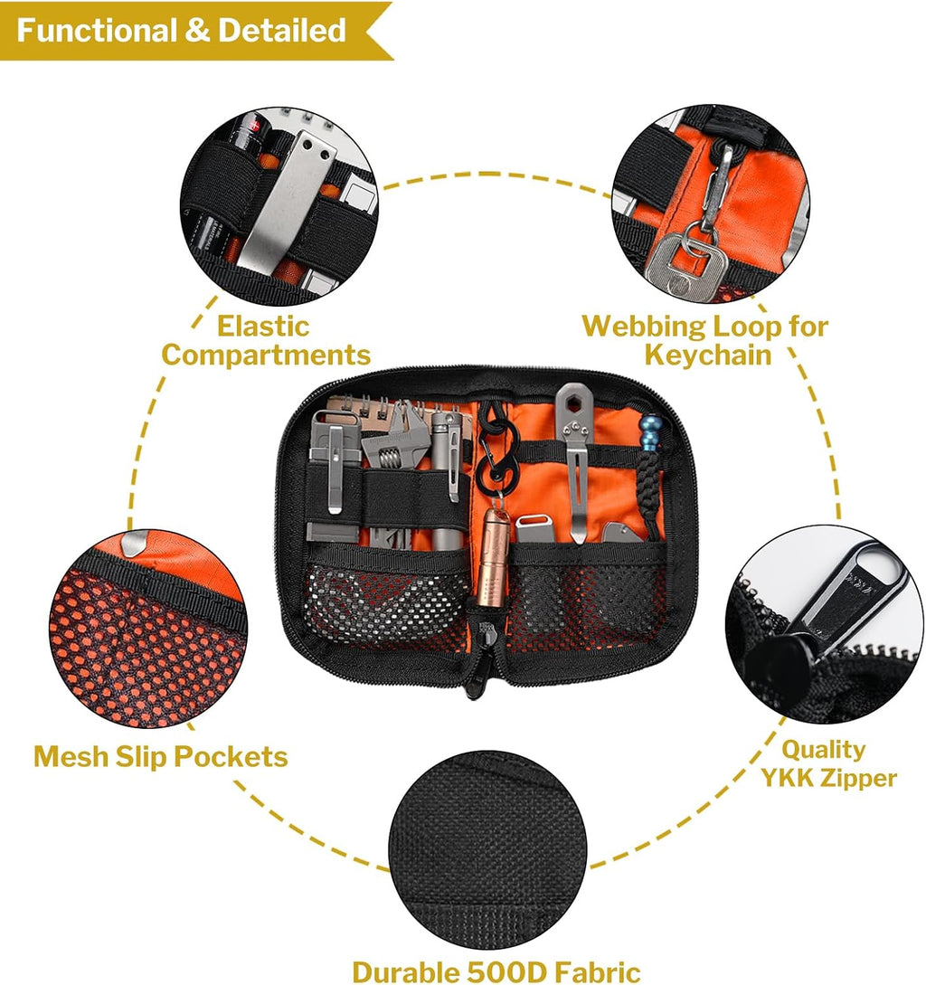 EDC Pouch Small Pocket Tool Pouch with 10 Compartments, Men's Pocket Organizer for Multitools, EDC Organizer with Patches Area for DIY