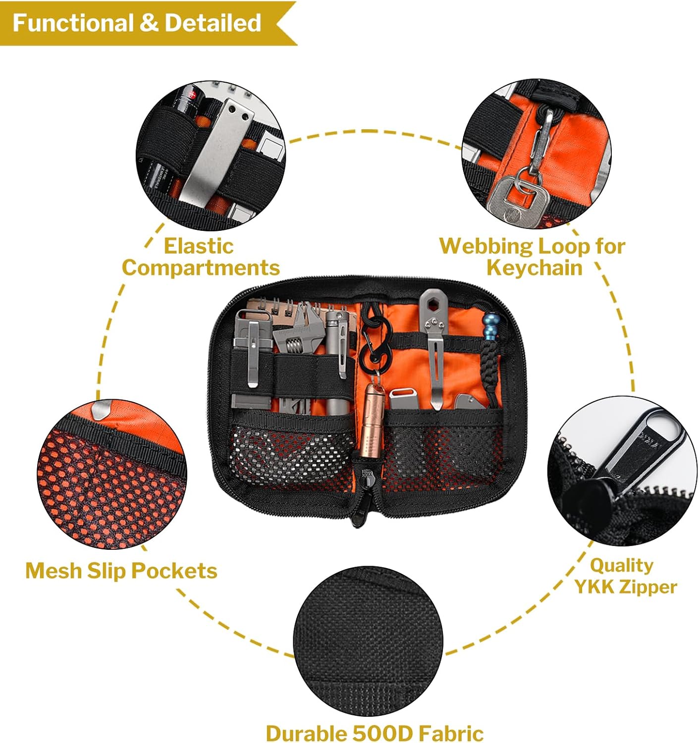 EDC Pouch Small Pocket Tool Pouch with 10 Compartments, Men's Pocket Organizer for Multitools, EDC Organizer with Patches Area for DIY
