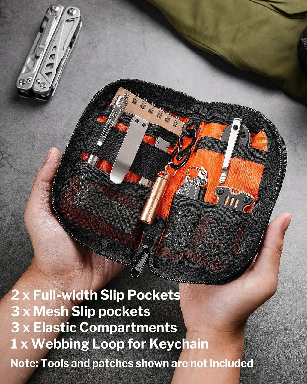 EDC Pouch Small Pocket Tool Pouch with 10 Compartments, Men's Pocket Organizer for Multitools, EDC Organizer with Patches Area for DIY