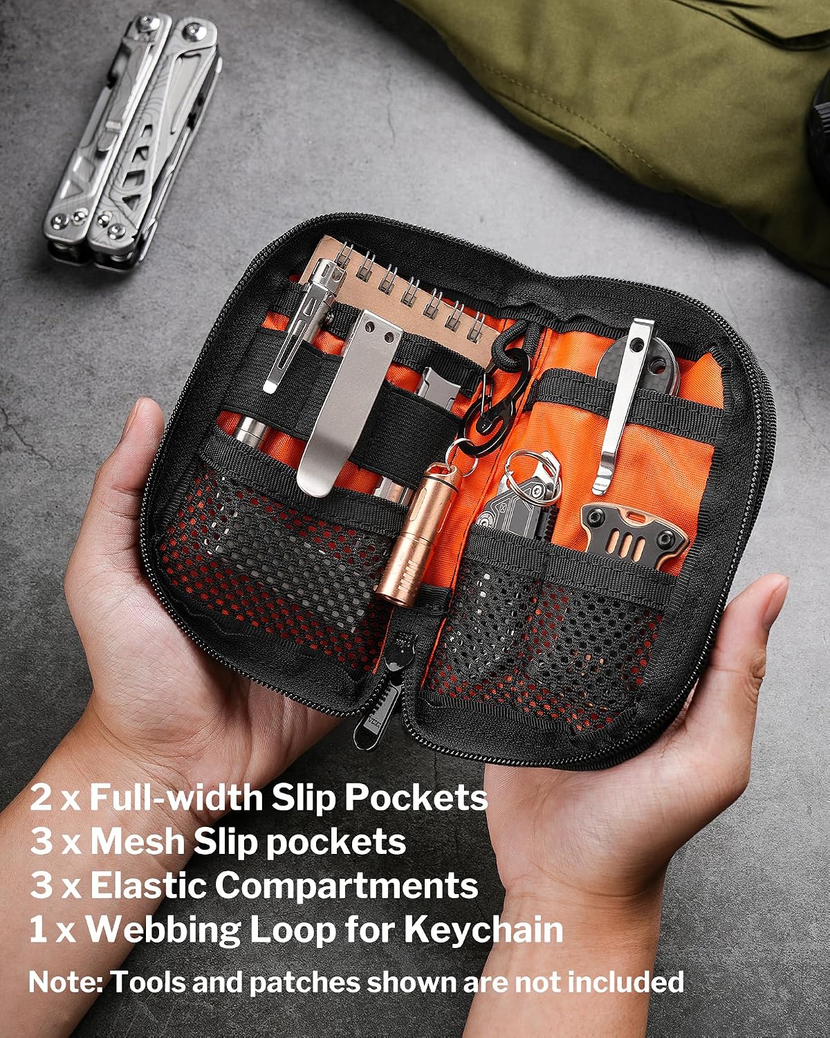 EDC Pouch Small Pocket Tool Pouch with 10 Compartments, Men's Pocket Organizer for Multitools, EDC Organizer with Patches Area for DIY