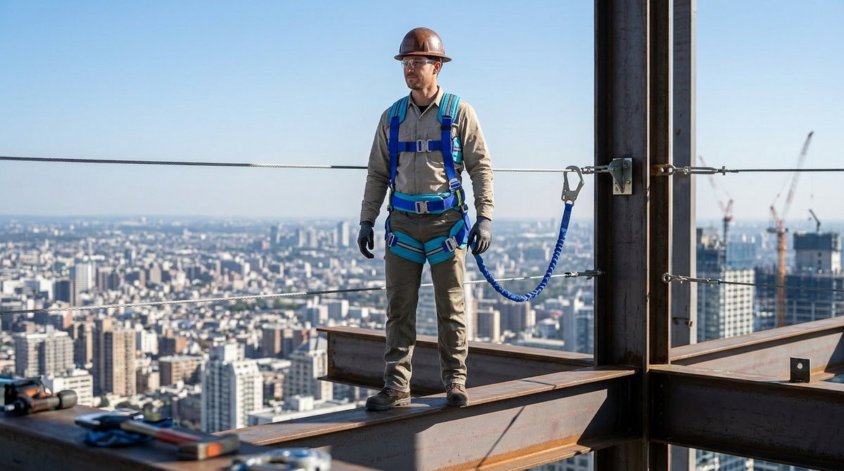 Worker on a high-rise building wearing a safety harness attached to a horizontal lifeline with a cityscape in the background