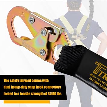 Shock Absorbing Fall Lanyard with Hook, Fall Protection Climbing Tree Strap 6 FT Single Leg Internal