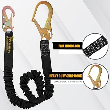 Shock Absorbing Fall Lanyard with Hook, Fall Protection Climbing Tree Strap 6 FT Single Leg Internal