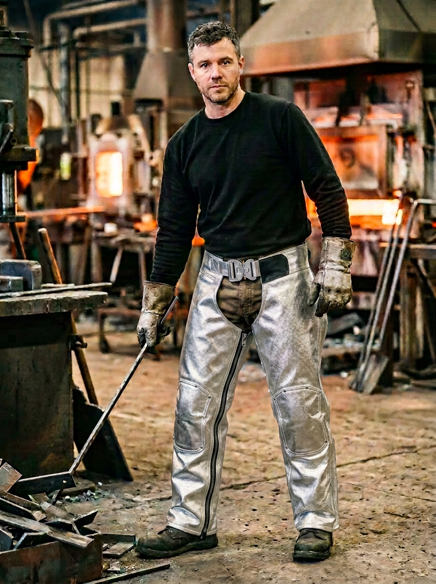 Suggestion


A man standing in a forge workshop wearing a black long-sleeve shirt, silver heat-resistant welding chaps, and protective gloves, holding a metal tool.