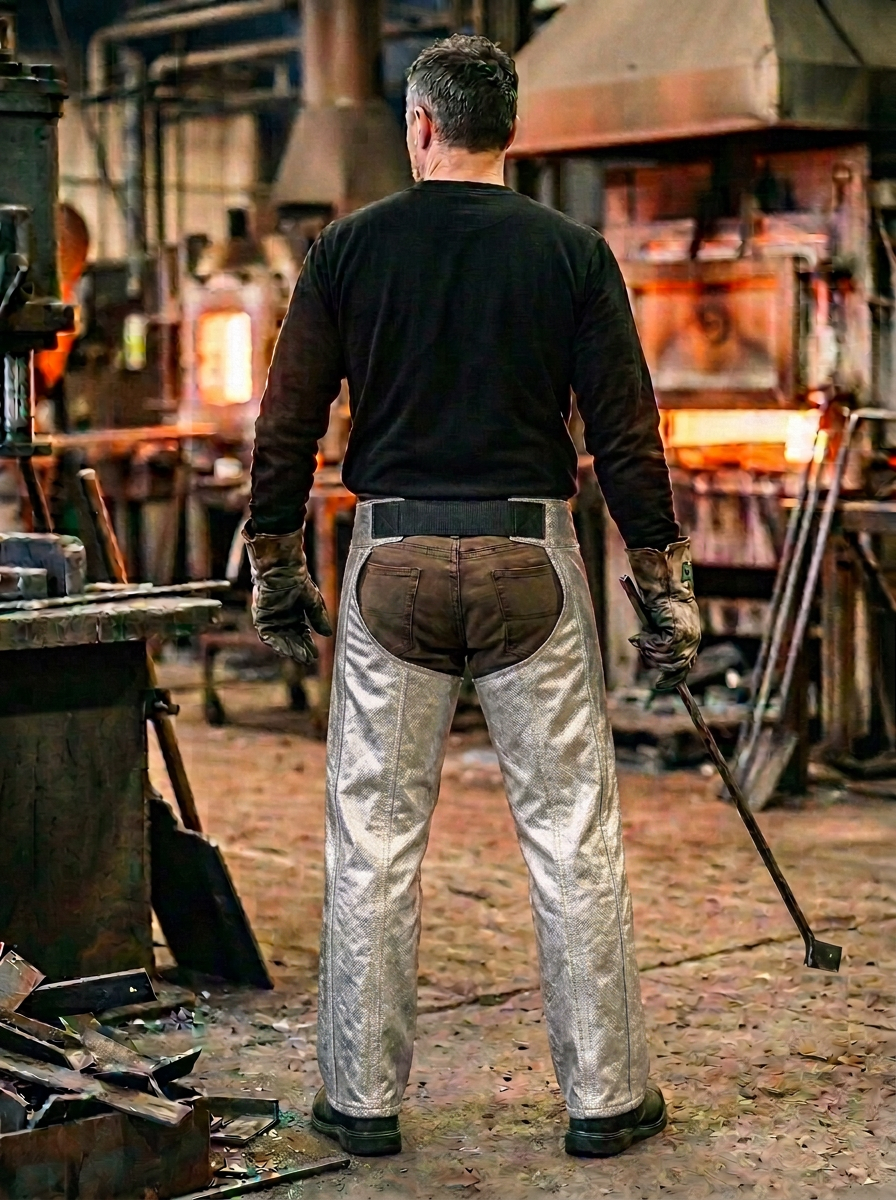 A man viewed from behind wearing heavy-duty metallic silver Aluminized Kevlar chaps with brown leather back patches, standing in a forge workshop holding a tool.
