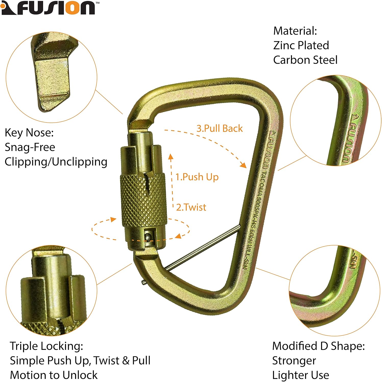 60 KN Fusion Tacoma D Shaped Triple Lock Alloy Steel Carabiner