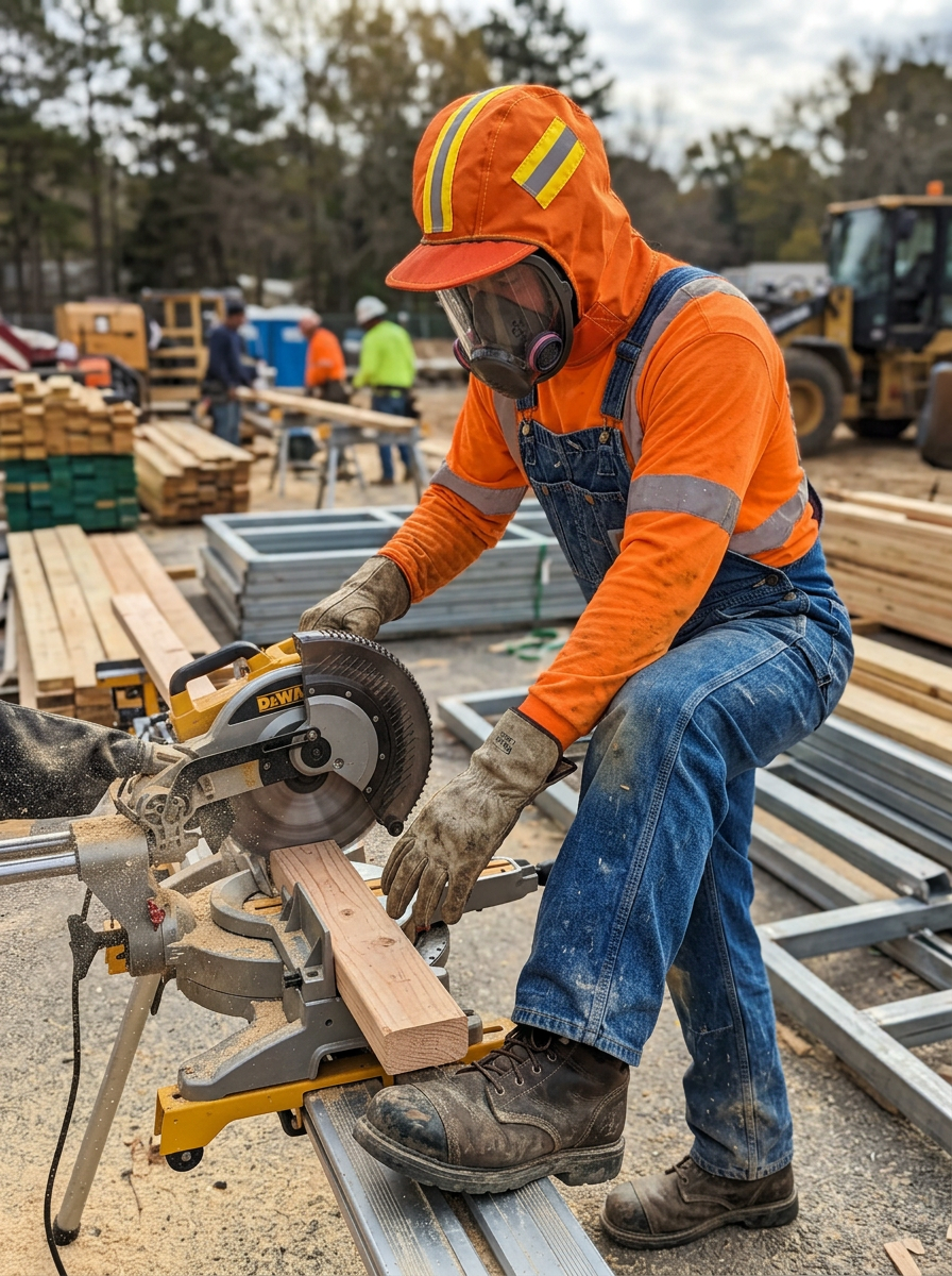 A construction worker in a high-visibility orange safety jacket, blue overalls, and a protective work hood uses a yellow and gray miter saw to cut a piece of wood in an outdoor construction site.