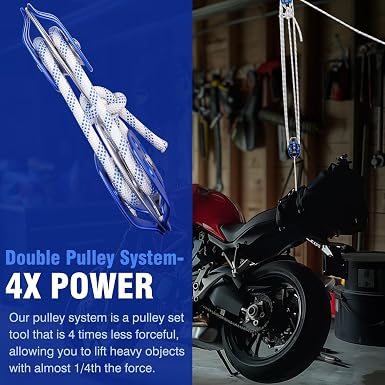 Heavy-Duty Double Block and Tackle Pulley System – 100Ft x 1/2'' Rope, 7700 LB(35KN) Breaking Strength, 4:1 Lifting Ratio – Ideal for Garage, Attic, and Heavy Lifting Applications