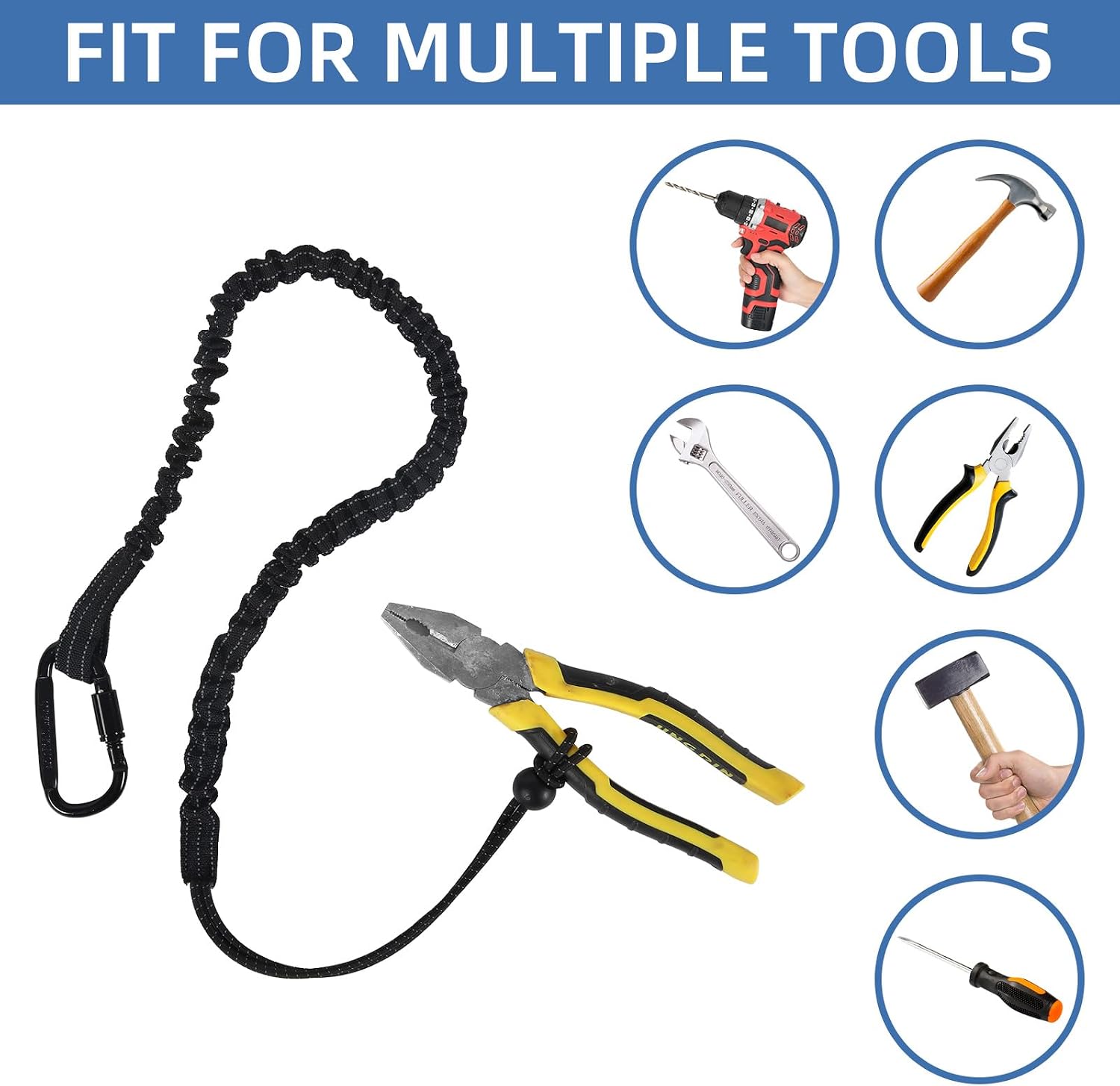 Safety Tether Tool Lanyard, Standard Length Safety Tool Leash Fall Protection Tether with Screw Lock Carabiner & Adjustable Loop End.
