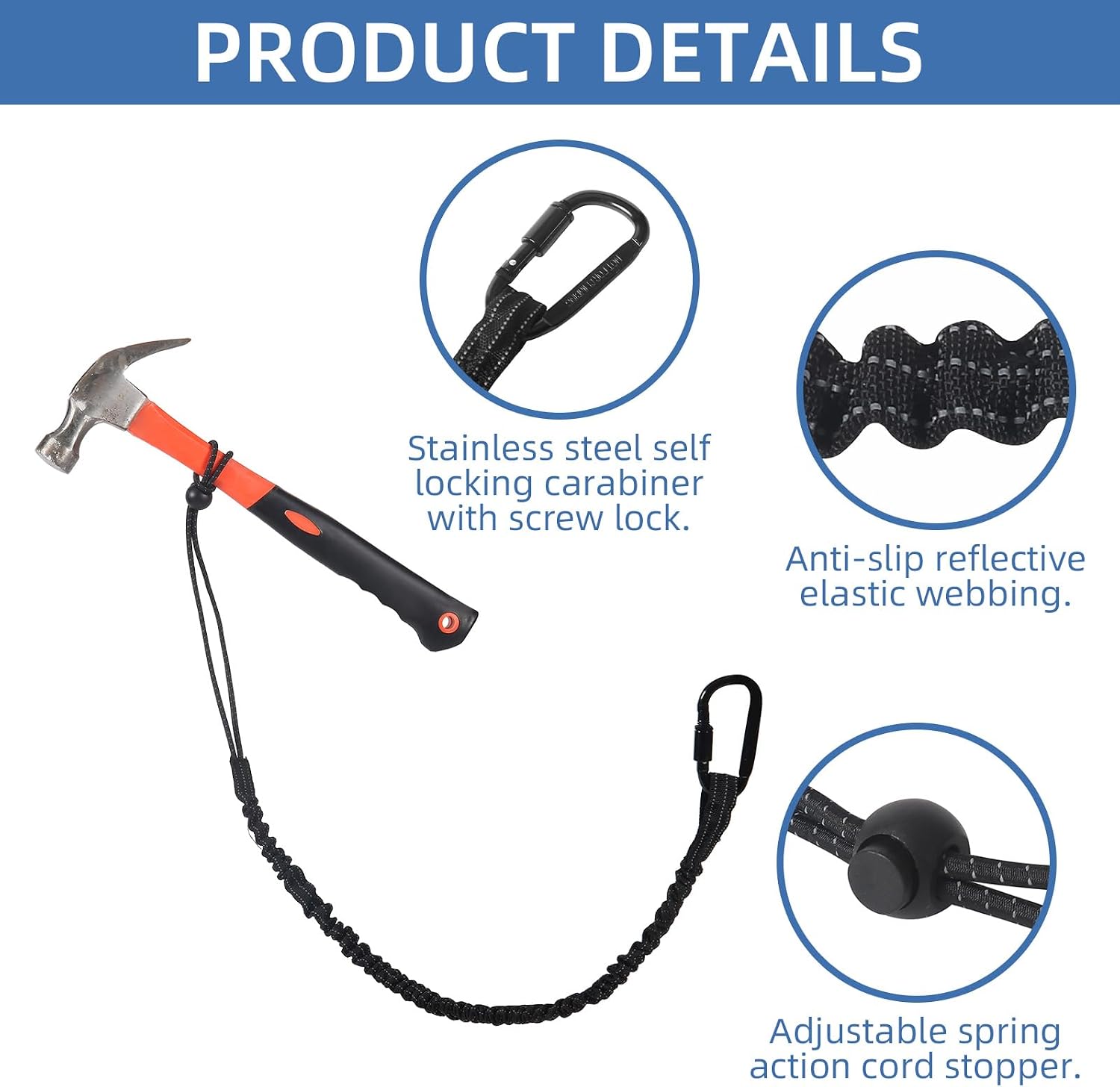Safety Tether Tool Lanyard, Standard Length Safety Tool Leash Fall Protection Tether with Screw Lock Carabiner & Adjustable Loop End.