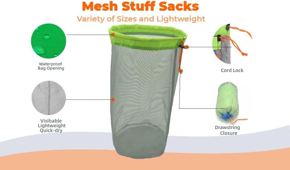 See-through Mesh Stuff Sack Ditty Bags, Nylon Drawstring Storage Pouch Bags for Camping Travel Hiking, Set of 3