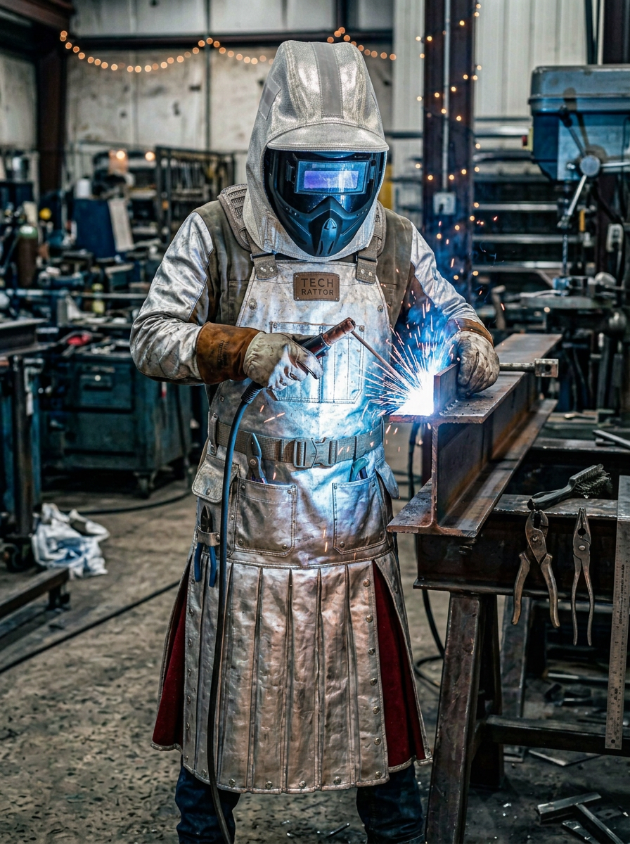 A person in a welding helmet and protective apron kilt welding metal in a workshop, with bright sparks flying near a workbench.