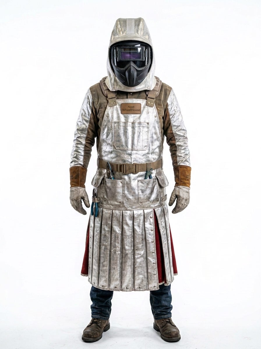 A person wearing aluminized Kevlar hood, apron lilt helmet, metallic silver armor, brown straps and cuffs, gloves, blue jeans, and brown boots, standing against a plain white studio background.
